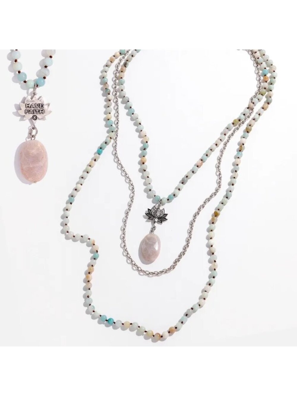 Katia Designs "Have Faith" Lotus Amazonite Long Chain Fusion Necklace - Picture 6 of 6